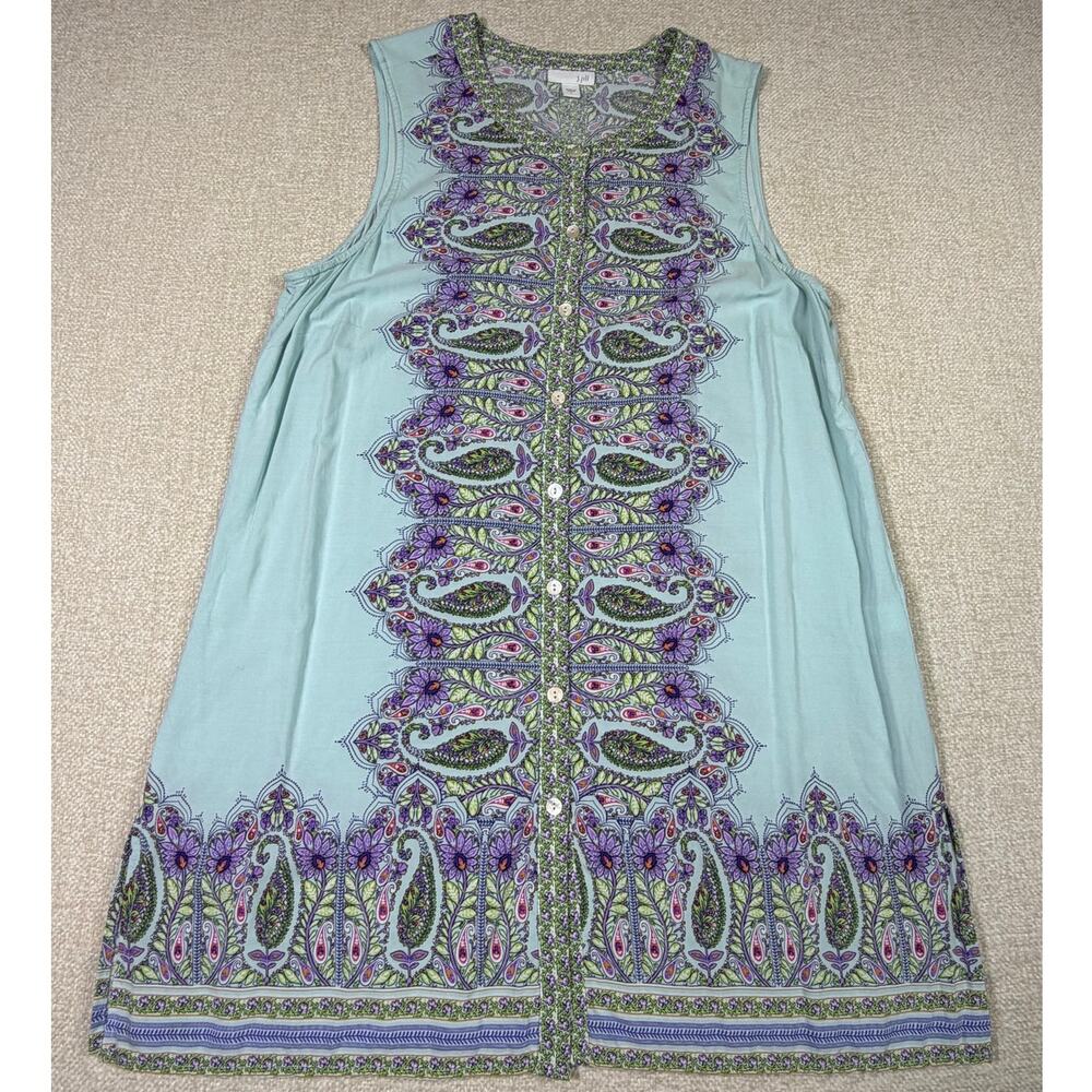 J Jill Womens Large Blue Floral Sleeveless Button Front Tunic Lightweight Top